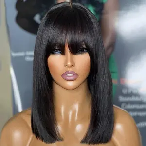 Glueless Straight Bob Wig Human Hair 4x1 Transparent Lace Natural Black for Women Bob Wig with Bangs Human Hair 180% Density Ready to Go Glueless Human Hair Wigs For Women