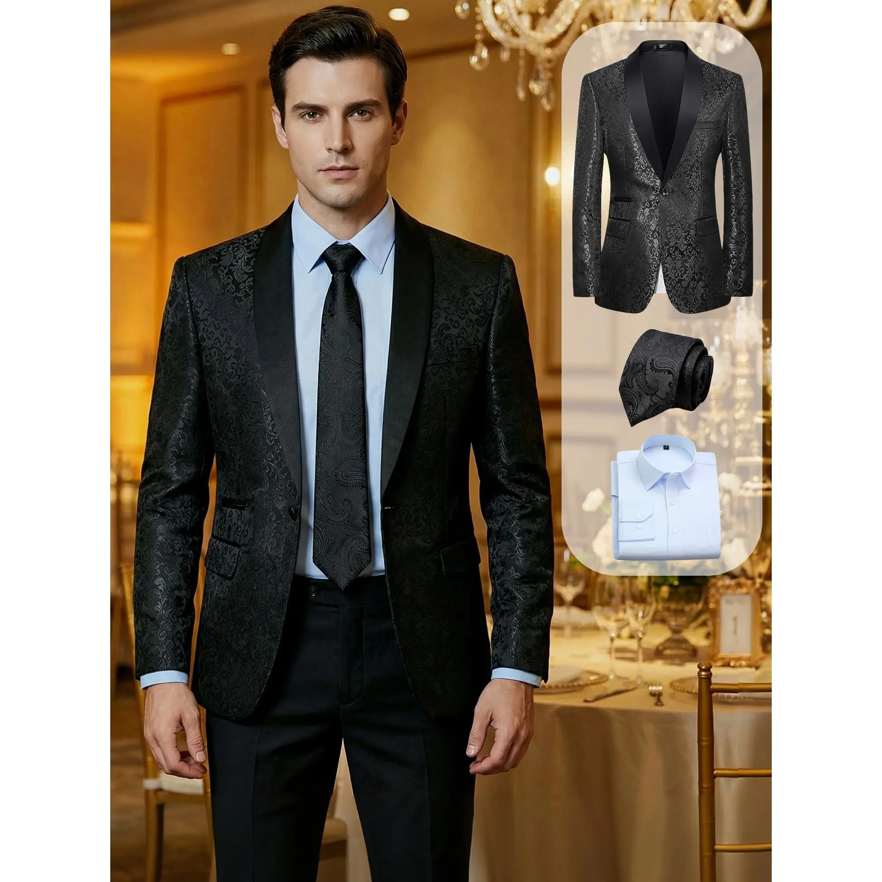 Men's 3-Piece Tuxedo Suit, Classic Jacquard Polyester Blazer with Satin Shawl Lapel, Long Sleeve Formal Set with Shirt & Tie for Weddings, Formal Wear, Fancy