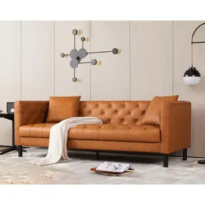 GARVEE Luxury Lounge Sofa - 81" Modern Chesterfield Leather Couch, Deep Seats with Pillows, Elegant Brown Tufted Design for Living Room, Apartment or Office
