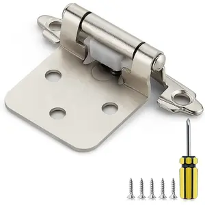 50 Pack 25 Pairs 1/2 Inch Overlay Cabinet Door Hinges Kitchen Satin Nickel Semi-Concealed Face Mount Self-Closing Cabinet Hinges with Bumpers & Screwdriver