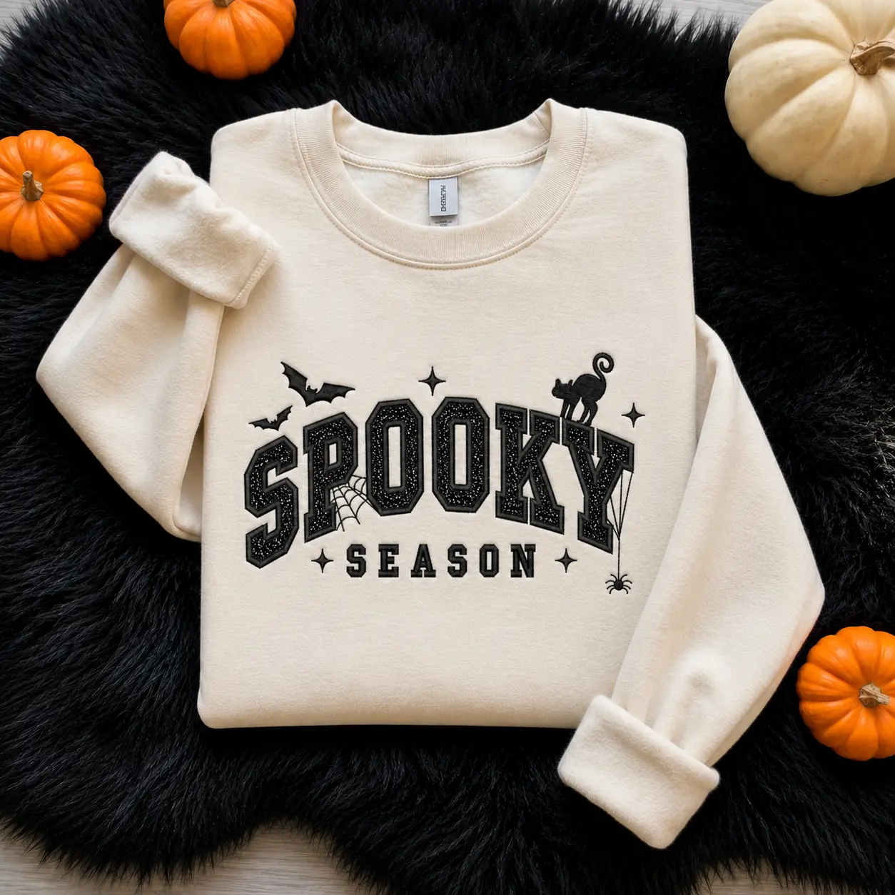 Spooky Season Applique Embroidered Crewneck Sweatshirt, Halloween Ghost Hoodie, Glitter Orange Letter Sweatshirt, Cute Fall Pullover, Cozy Autumn Gildan Sweatshirt, Pumpkin Season Gift