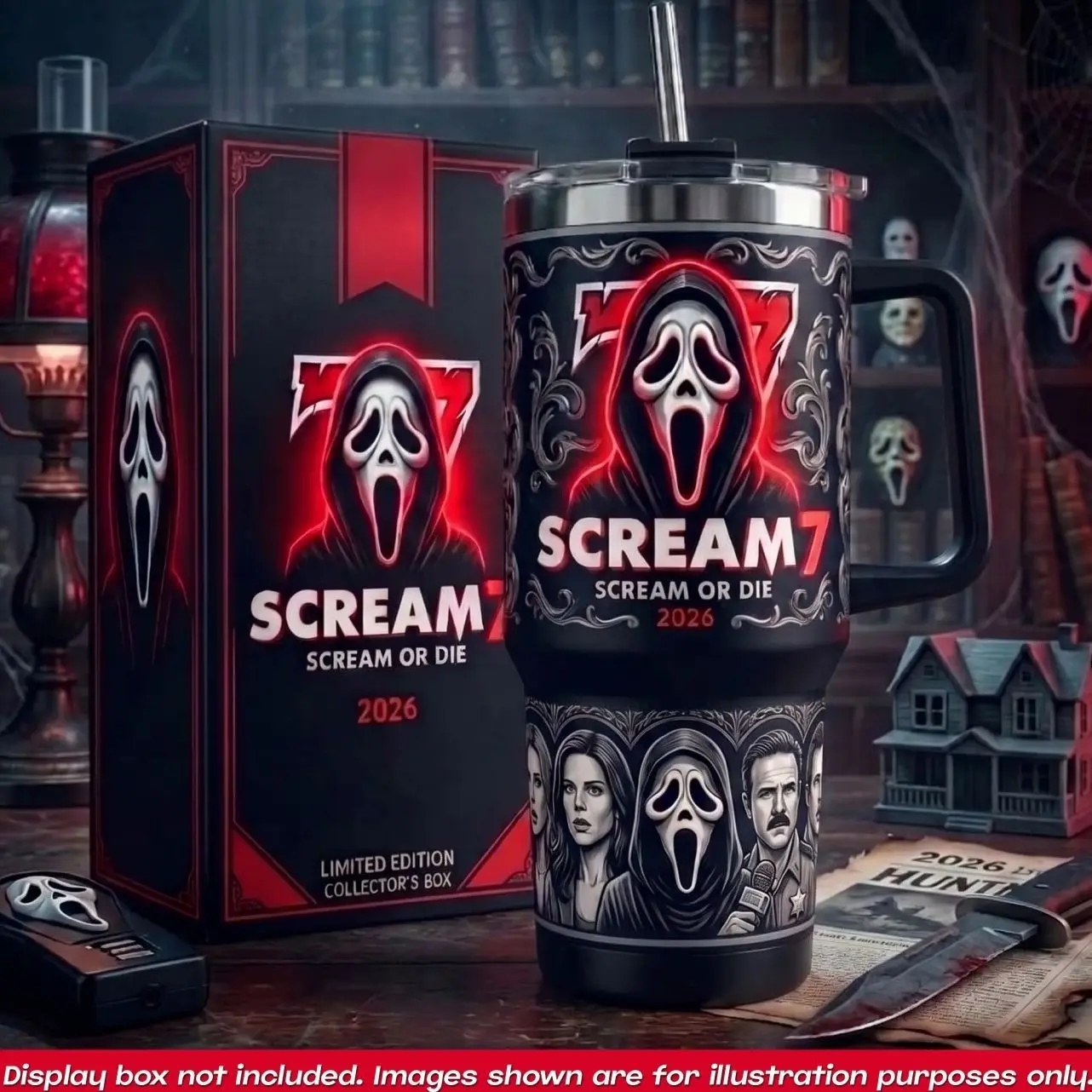 Scream 7 40oz Tumbler With Handle No Box, Scream Or Die 2026 Ghostface Travel Mug, GF Horror Movie Stainless Steel Insulated Cup, Sidney Prescott Gale Dewey Woodsboro Slasher Drinkware