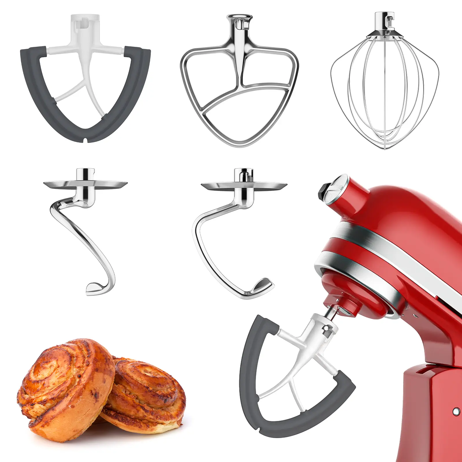 GVODE Flex Edge Beater, Stainless Steel Flat Beater, Spiral Dough Hook, Egg Beater for KitchenAid Stand Mixer, Accessories and Attachments Fits 4.5/5 Quart Tilt-Head for Home Baking