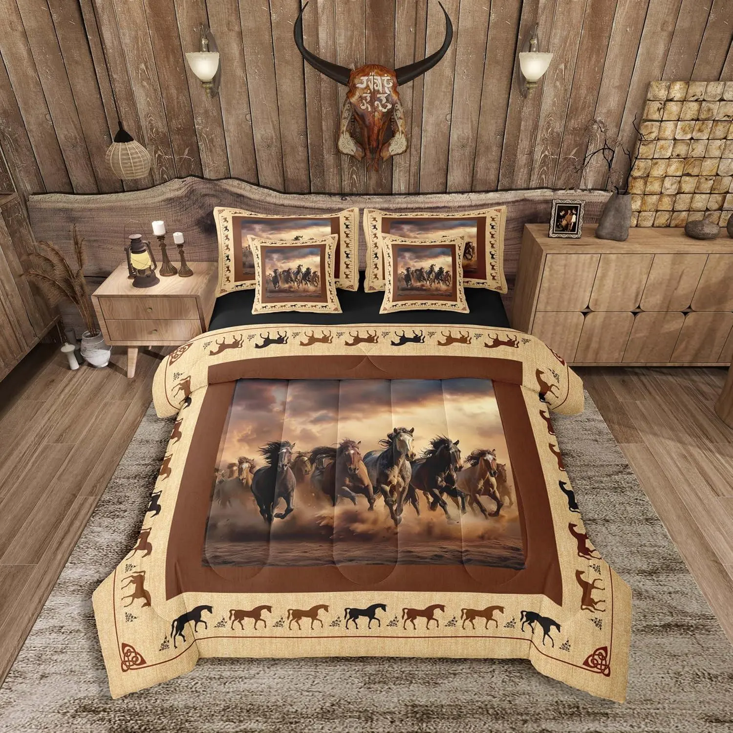 Horse Comforter Set 7 Pieces Galloping Horse Bed in a Bag for Boys Western Cowboy Rustic Farmhouse Cute Animal Bedding Set Brown Bed Set with Comforter,Sheet Set,Pillowcases