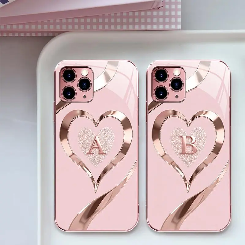 Suitable for [iPhone 11 Pro Max ] Luxury Rose Gold Heart Monogram Phone Case | Personalized A-Z Initial Electroplated Glossy Glass Protective Cover | Shockproof Drop Protection, Anti-Scratch & Anti-Fingerprint | Cute Gift for Her -JS996