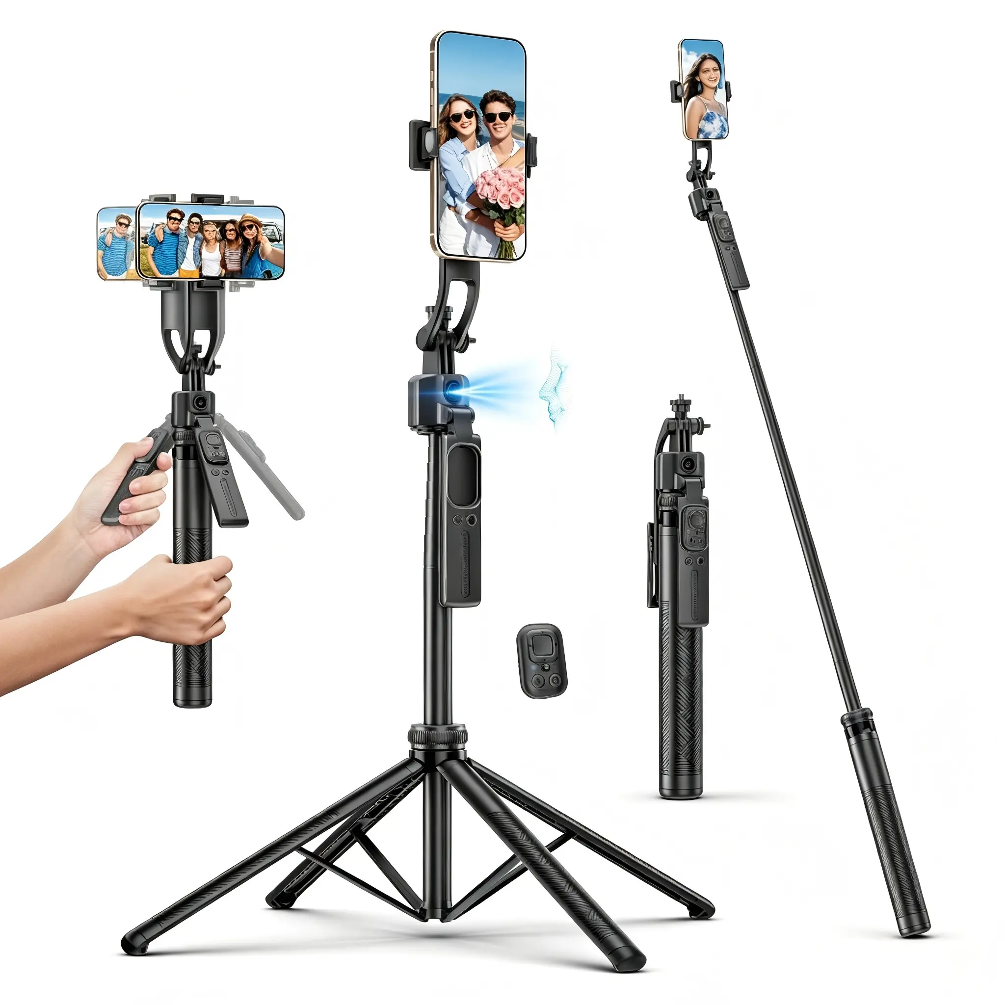 Auto Face Tracking Tripod, 360° Rotation Aluminum Quadrapod Selfie Stick with Remote, Phone Tripod Compatible with iPhone Android for Vlog TikTok Live Streaming