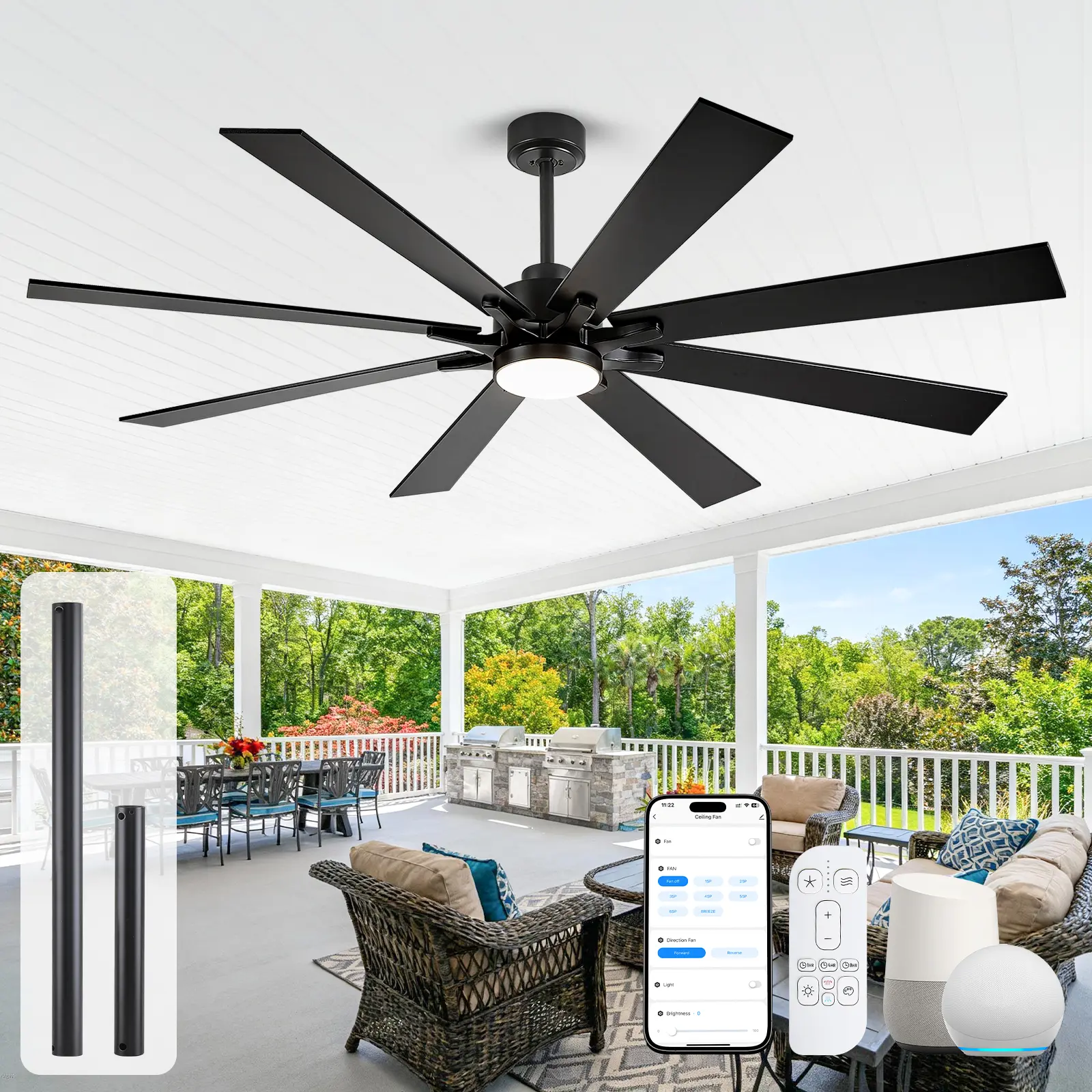 72 Inch Smart Ceiling Fan with Lights, Large Outdoor Ceiling Fans with Light for Patio, Alexa Tuya App Google Voice Control,Black Industrial Ceiling Fan 8 Blades For Large Living Room Porch Farmhouse Damp Rated, Quiet Reversible DC Motor Indoor Lighting