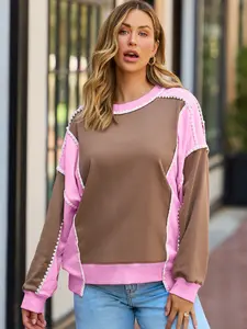 POPVIL Patchwork Sweatshirt - Pink and Brown Colorblock Design, Stitching Details for Women's Fashion, Fall Sweatshirt, Back to School Sweatshirt