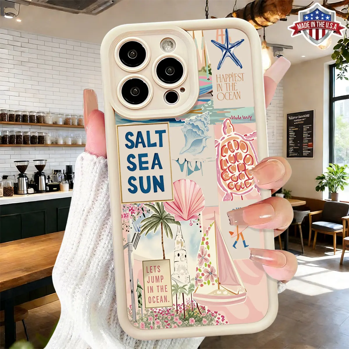 Cute Coastal Ocean Beach Collage Pattern Smartphone Casing for iPhone 17,16,15,14 Pro Max,13,12,11,XR,XS Plus,Air - Slim,Durable,Shockproof,Anti-Drop Protective TPU Cover,Cellphone Accessories