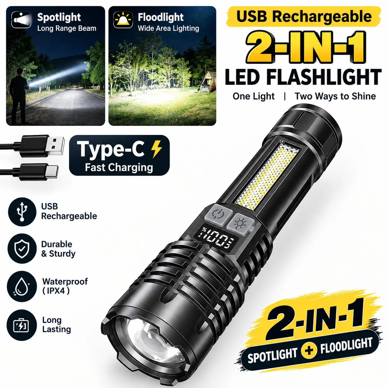 2-in-1 Rechargeable LED Flashlight, High Brightness Torch with Spotlight, Floodlight, 5 Modes, Zoomable LCD Digital Display, USB Type-C Charging, Durable ABS Handheld Light for Camping, Emergencies