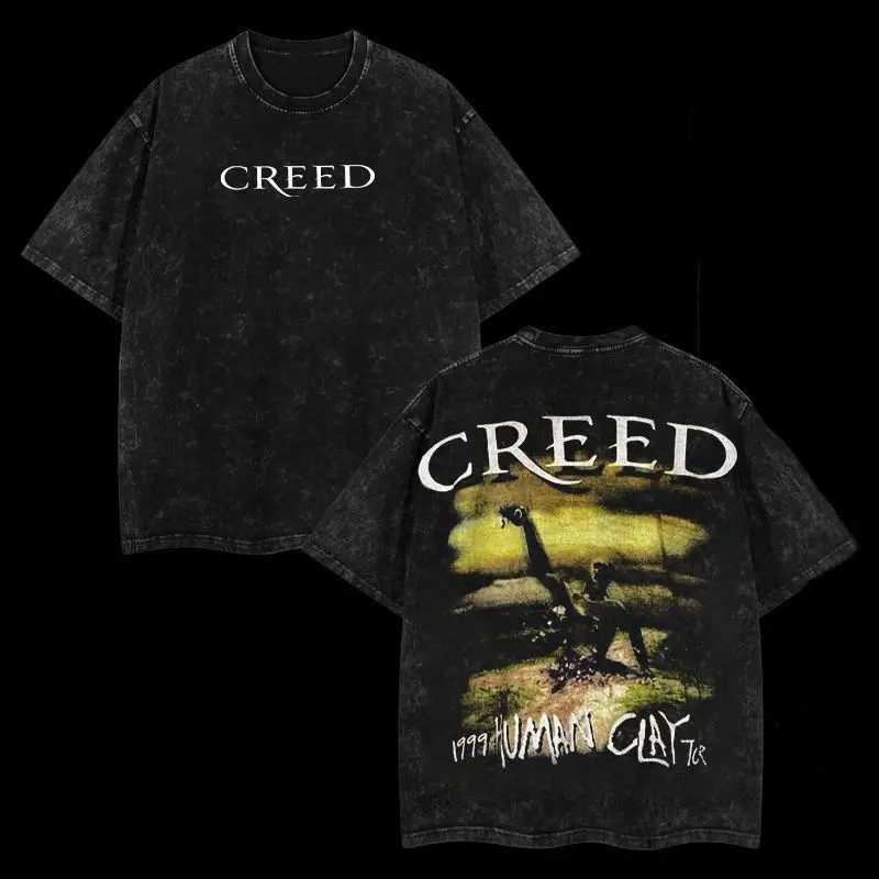 Creed Human Clay Washed T-Shirt, Double Printed Oversized Music