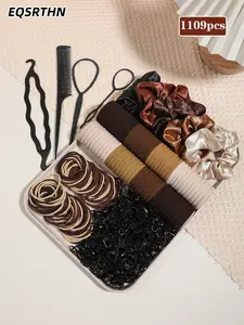 1109 pieces of elastic hair band ladies hair accessories set, various bohemian and simple styles, hair band, ponytail holder, hair ring, disposable rubber band, bun maker, various shapes, suitable for daily wear, Elastic Hair Accessory
