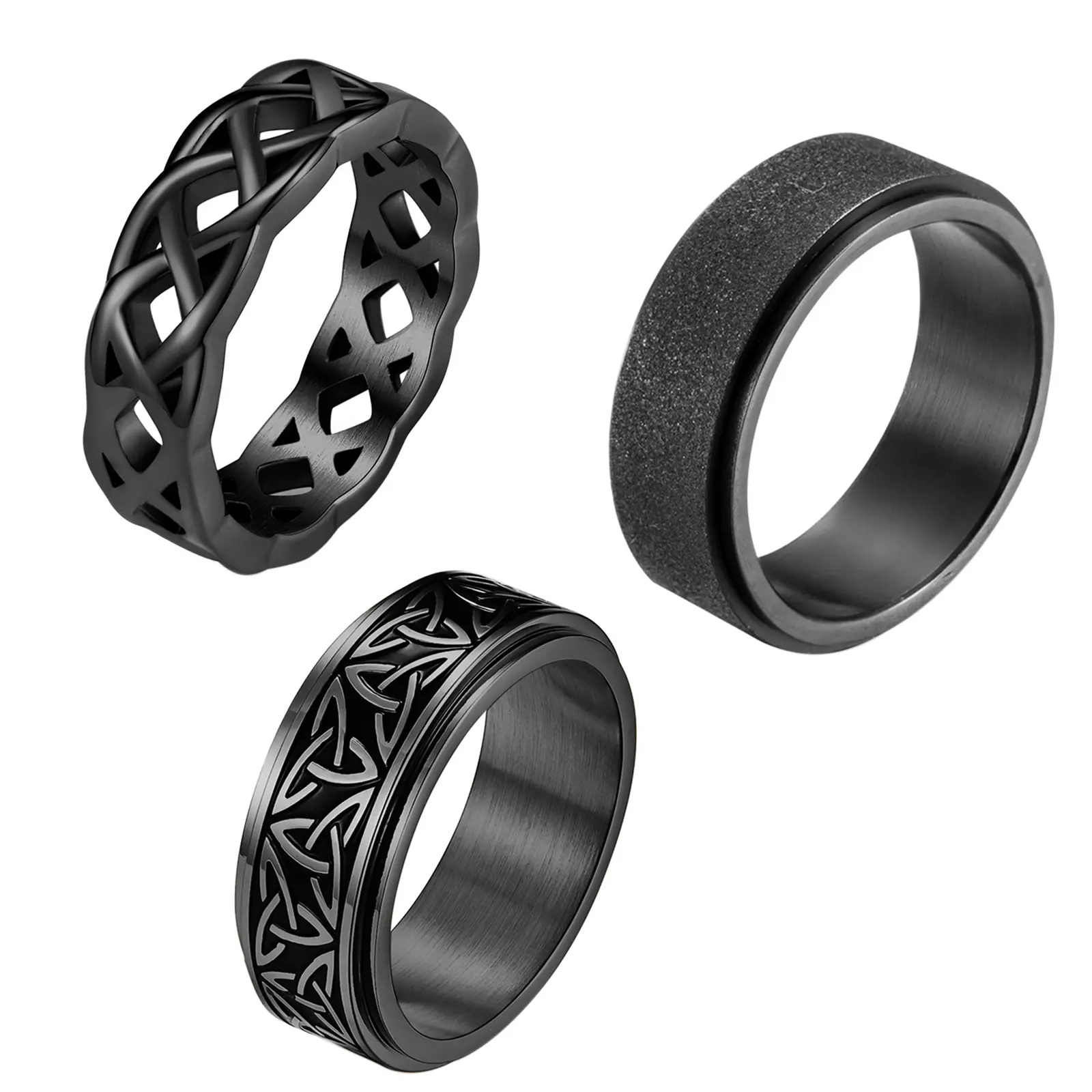 OIDEA 3PCS Ethnic Celtic Knot Rings Set, Stainless Steel Spinner Fidget Rings for Anxiety, Promise Band Jewelry for Women & Men, Gift Box, Spinner Bands, Us Size 7-13