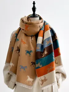 Women's Elegant Colorful Print Scarf, Thick Woven Fabric, Fitted Style, Classic Equestrian Pattern, Warm Fashion Accessory, Blanket Scarf