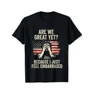 Funny slogan themed T-shirt - "Are we great? I'm just embarrassed" graphic, soft short sleeves, distressed American flag design, casual fit, suitable for comfortable wear in all seasons