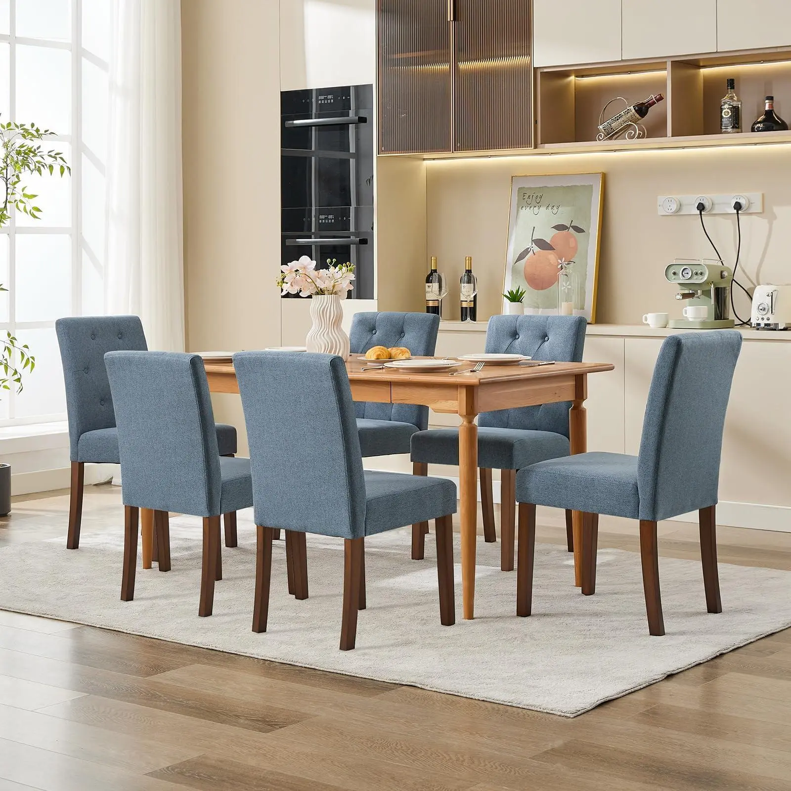 GARVEE 6-Seat Armless Upholstered Parsons Dining Chairs Set, Blue Linen Fabric High Back Chairs with Button Tufting, Wood Legs & Adjustable Foot Caps - Comfortable for Dining Room, Cafe