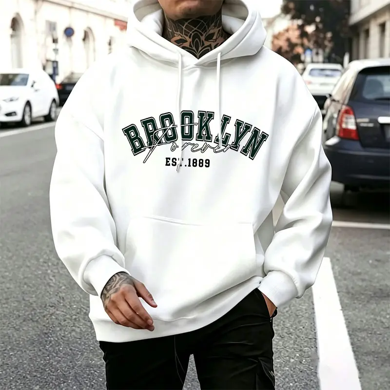 BROOKLYN FOREVER EST.1889 Curved Hollow Varsity Letter Hooded Sweatshirt, Unisex Oversized American Vintage Hoodie