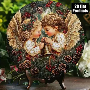 Vintage Christmas Aluminum Wall Art Angel Bell Ornament with Pine Cones and Berries Detailed Holiday Home Decor