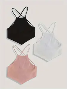 3pcs Women's Cross Strap Backless Fitted Crop Top, Spring Summer Casual Sleeveless Vest, Plain Color Camisole, 3 Piece Set, Comfortable & Stylish, Backless Tanks