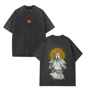 "PRAISE THE SUN" DARK SOULS Men's Washed Short Sleeved Top, Unisex Tee, Gamer Gift, Menswear Game graphic tee Seamless Tropical vintage Cotton Fabric