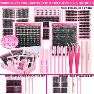 16 Counts Thick False Eyelash Set, 60D+80D+100D Volume Curl Cluster Lashes, Volume Focused Lashes, Mixed Length 9-16mm DIY 5D Individual Eyelash Extension Kit with 2 Glues, 2 Tweezers, 2 Removers, Fluffy Natural Lashes for Wedding and Daily Use Gift