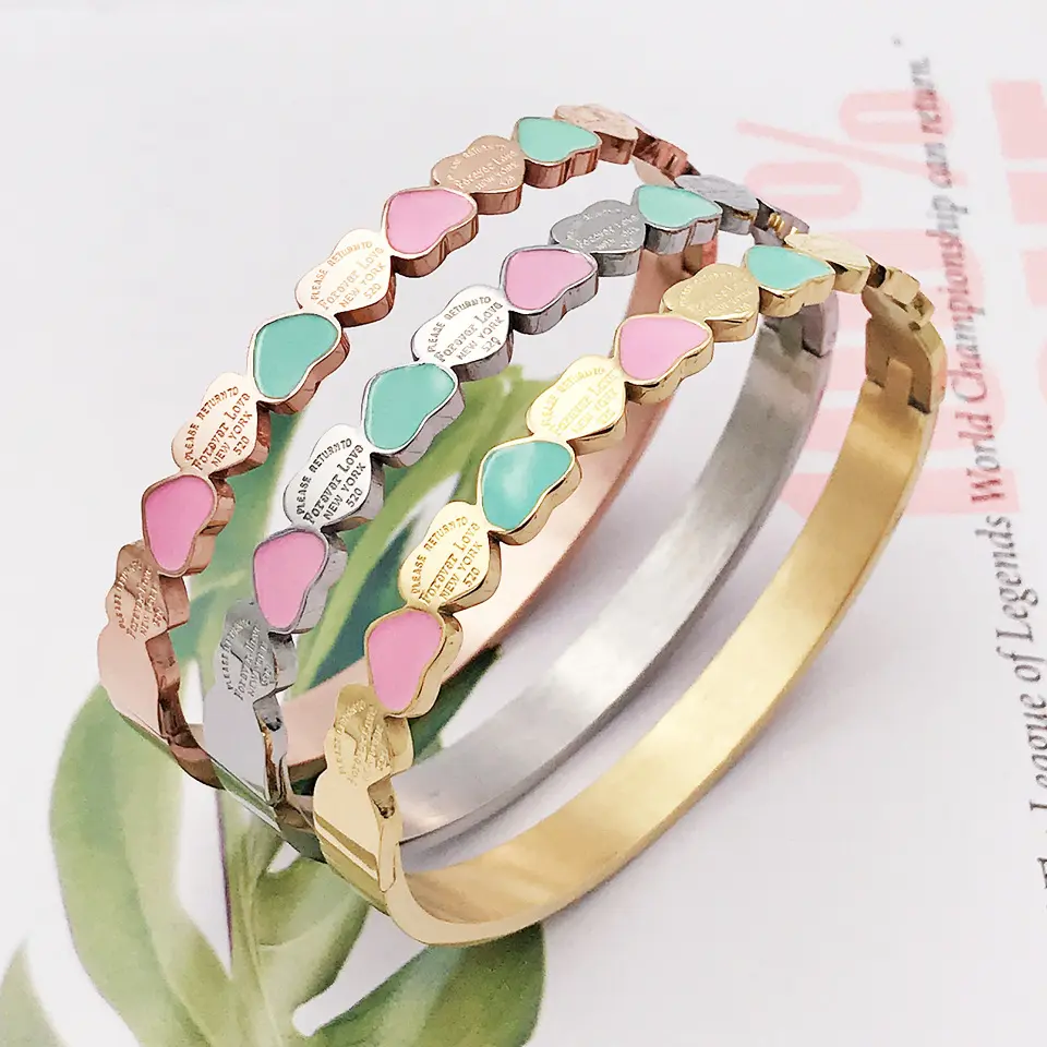3pcs Together Women's 5mm Electroplated Stainless Steel Bangle Bracelet, Heart Shape with Colorful Oil Drip Hearts, Fashionable Sweet Style for Daily Wear