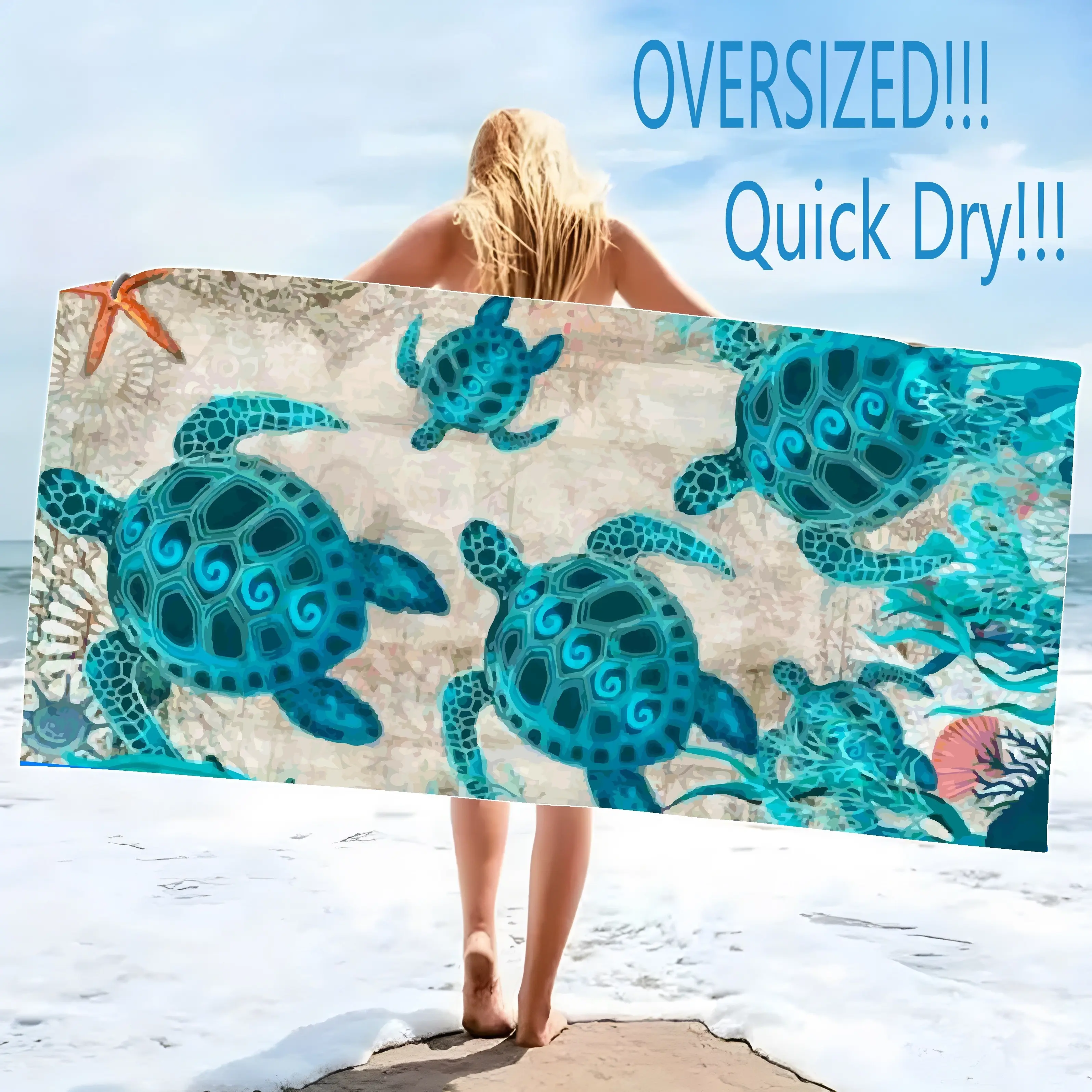 Women's Oversized Beach Towel - 1pc Blue Sea Turtle Animals Design, Lightweight, Quick Dry, Super Absorbent, 30x60in, Home & Pool Essential, Travel Must Haves