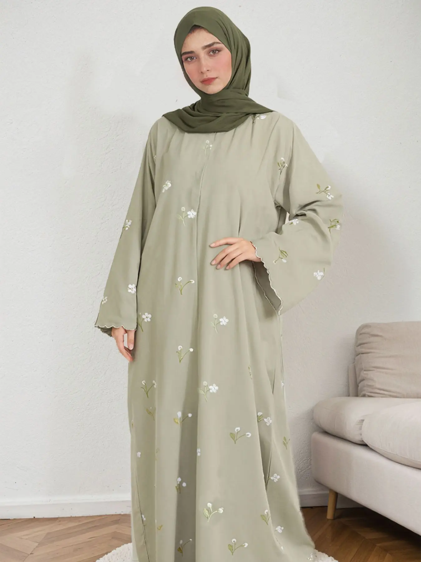 Women's Embroidery Zipper Loose Floral Print Muslim Abaya without Hijab, Elegant Long Sleeve Round Neck Abayas for Party, Ladies Modest Islamic Clothing for All Seasons