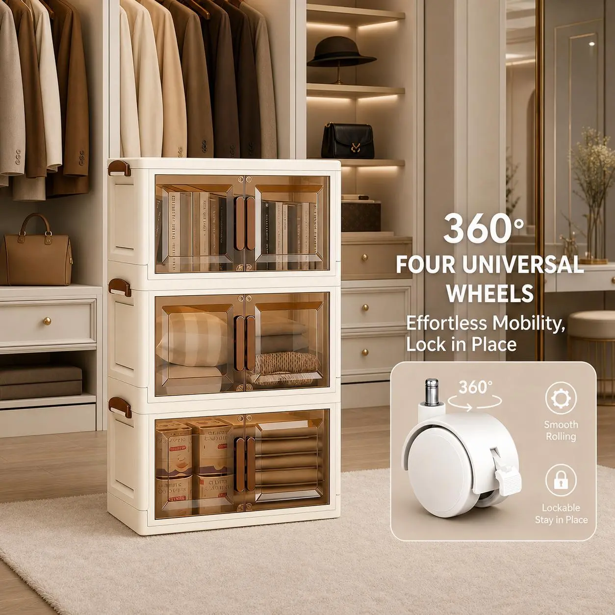 360° Lockable Wheels Foldable Plastic Storage Wardrobe – Stackable Closet Organizer with Magnetic Doors for Bedroom & Home Organization