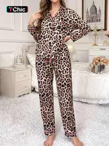2-piece set full of brown and yellow leopard print long sleeved pants, soft and comfortable, skin friendly and smooth top, small pocket button closure, butterfly bow adjustable waistband, suitable for all seasons home, casual wear, Loungewear, pajamas