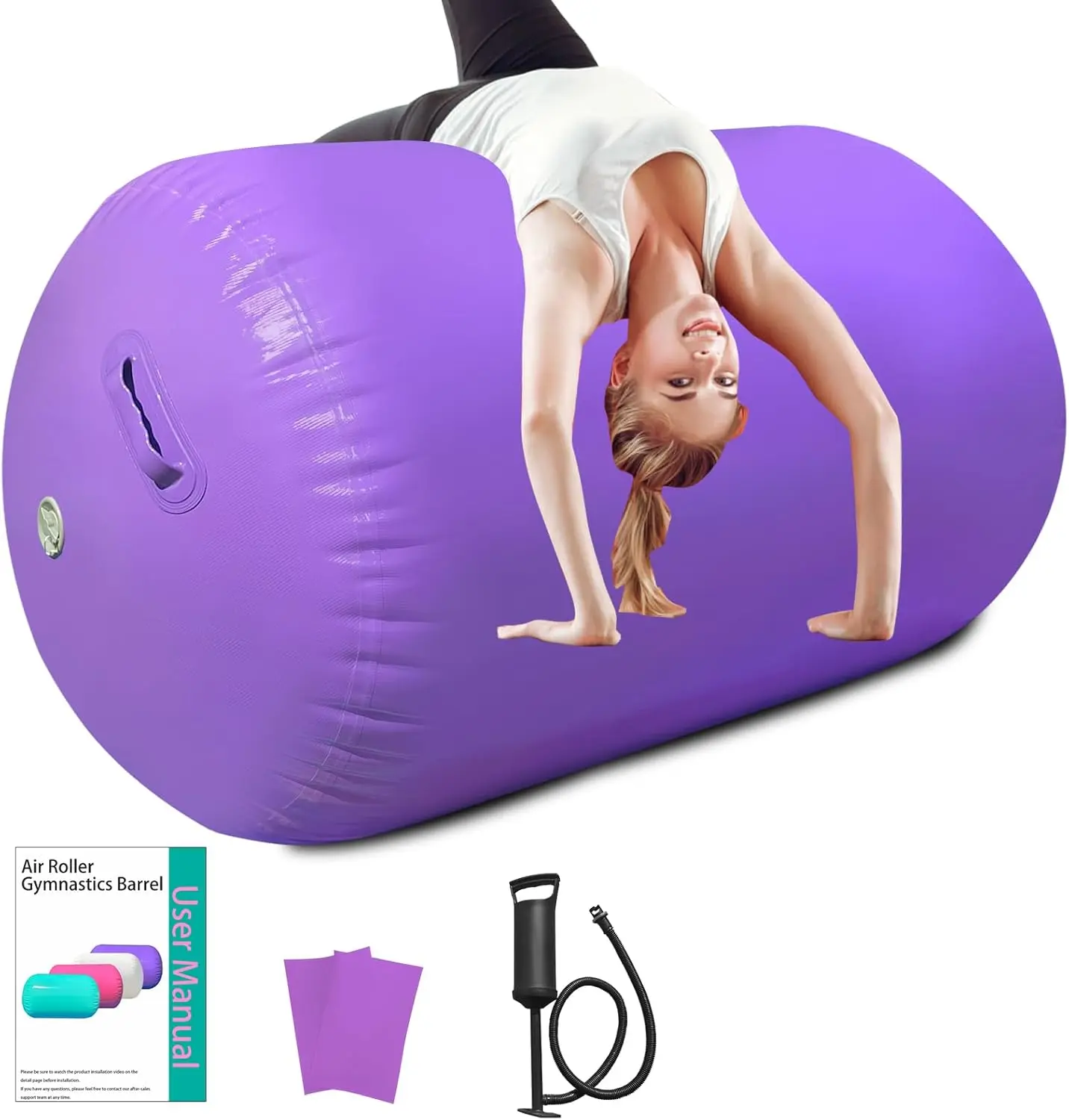 Air Roller Gymnastics Barrel, Air Track Tumbling Mat Equipment Inflatable Barrel Roller  Handspring Trainer with Manual Pump for Yoga Cheerleading Home Gym Use