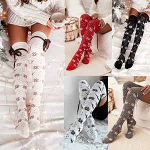 Women's Knit Thigh High Socks for Christmas, Contrast Color Snowflake Print Long Stockings with Satin Bow Decoration