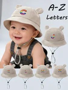 1PC Baby Sun Hat A-Z Letter Pattern, Toddler Boys Girls Outdoor UV Protection Wide Brim Bucket Cap, Adjustable Chin Strap Fisherman Hat 1-3 Years
