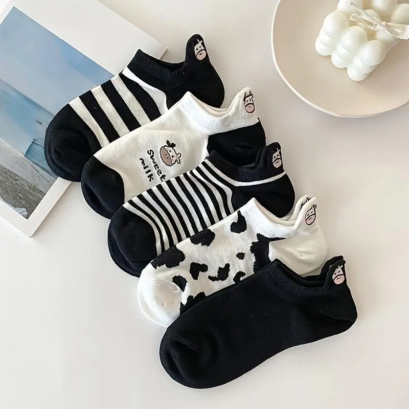 10 Pairs mix color women's cow print anime socks no show moisture wicking non slip boat style great for new autumn winter collection daily cute womenswear