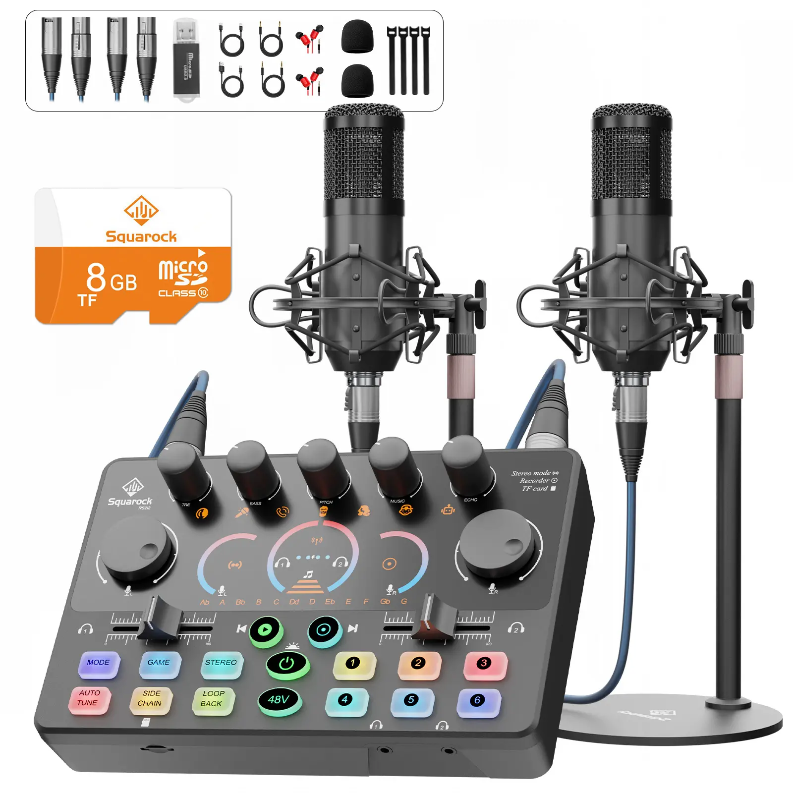 Squarock RS2i2 Sound Board / Podcast Equipment Bundle Sound Board with 2 Mics Condenser Mic or Dynamic Mic Bundle
