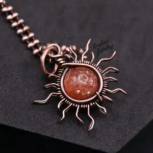 Sunstone Sun Copper Necklace Handcrafted Jewelry Wire Wrapped Crystal Summer Necklace