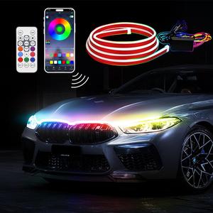 app rgb dynamic led car hood light strip, 1 count dynamic scan start up led ambient light with instruction & remote control, waterproof flexible car decorative lights, multifunctional ambient lights