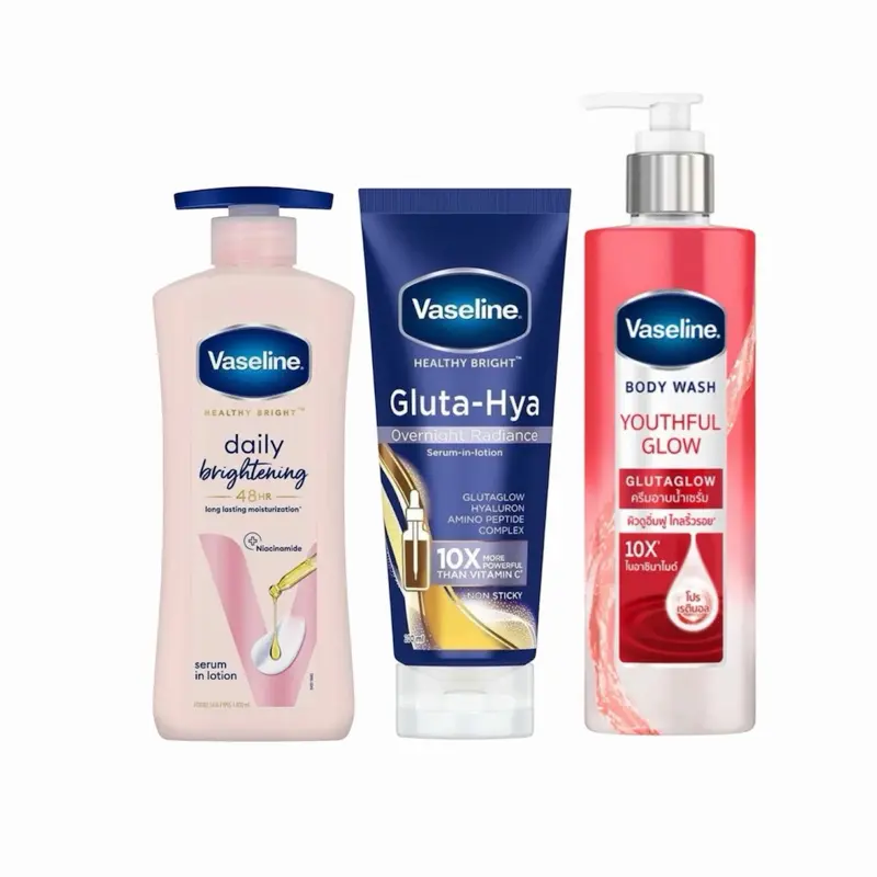 Vaseline Daily Brightening Body Lotion (400ml) & Gluta-Hya Serum-Burst Overnight Repair & Youthful Glow Body Wash Limited Edition Body Care Set, Hydrating Dry Skin Moisturizer with Skin Repair Benefits