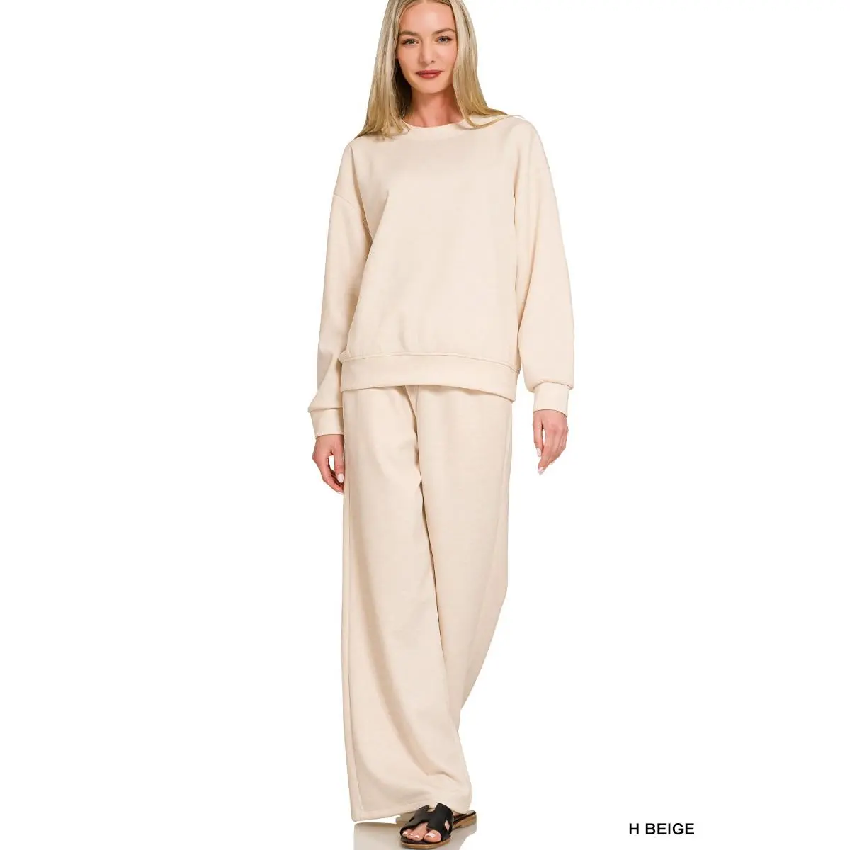 Zenana Scuba Crewneck Pullover and Pants Set - H Beige, 2-Piece, Slightly Stretchy, 90% Polyester, 6% Rayon, 4% Spandex, Machine Washable, Cozy Fit for Casual Outings