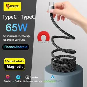 TypeC-C Magnetic Braided Data Cable - CarPlay & Android Auto Compatible - Phones | Tablets | Laptops - 65W Fast Charging & Data Sync for iPhone 17 with USB A, Type C, and Lightning
