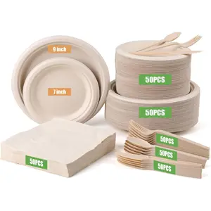 300 Pack Paper Set Supplies Severs 50 Guests Disposable Sugarcane Paper Bagasse Natural Compostable Eco-Friendly Birthday Wedding