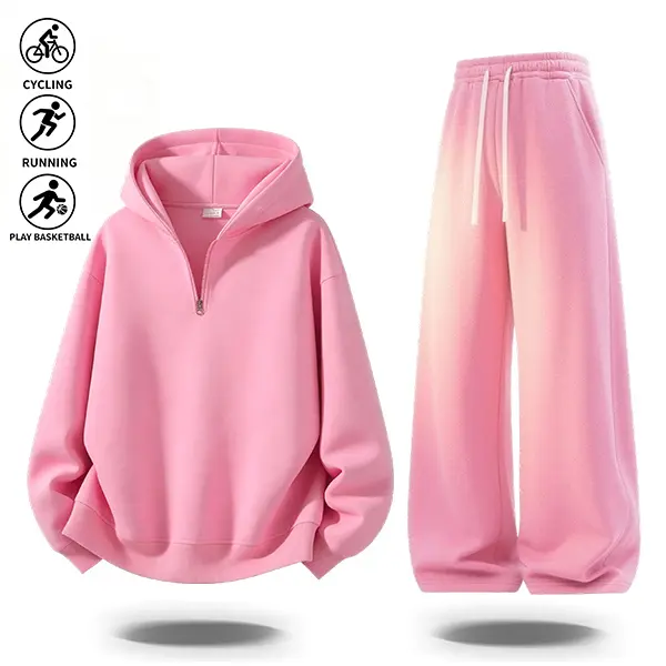 Men’s half-zip hooded sweatshirt two-piece set, loose pullover hoodie + wide-leg sweatpants, relaxed street-casual athletic set for autumn/winter everyday wear, loose-fit casual sports set for men.