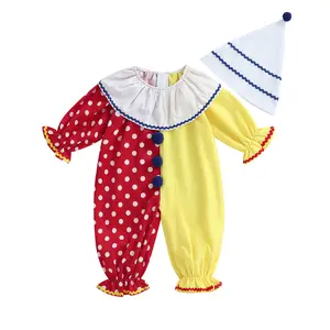 Toddler Halloween Outfits Baby Boy Girl Clown Costume Contrast Color Long Sleeve Jumpsuit Hat Smocked Outfits