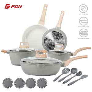 FDN 16-Piece Aesthetic Cookware Collection, Non-Toxic Ceramic Granite Pots and Pans, Toxin-Free Professional Cooking Set for Apartment, Induction Ready with 24cm Fry Pan Lid & Utensils Aluminium