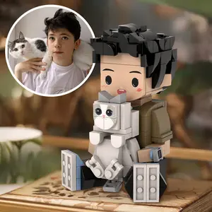 JollyJubilant Sweet Couple Gift Full Body Customizable Round Face 1 People with Cat My Custom Brickfigure Granules Personalize Building Block Character