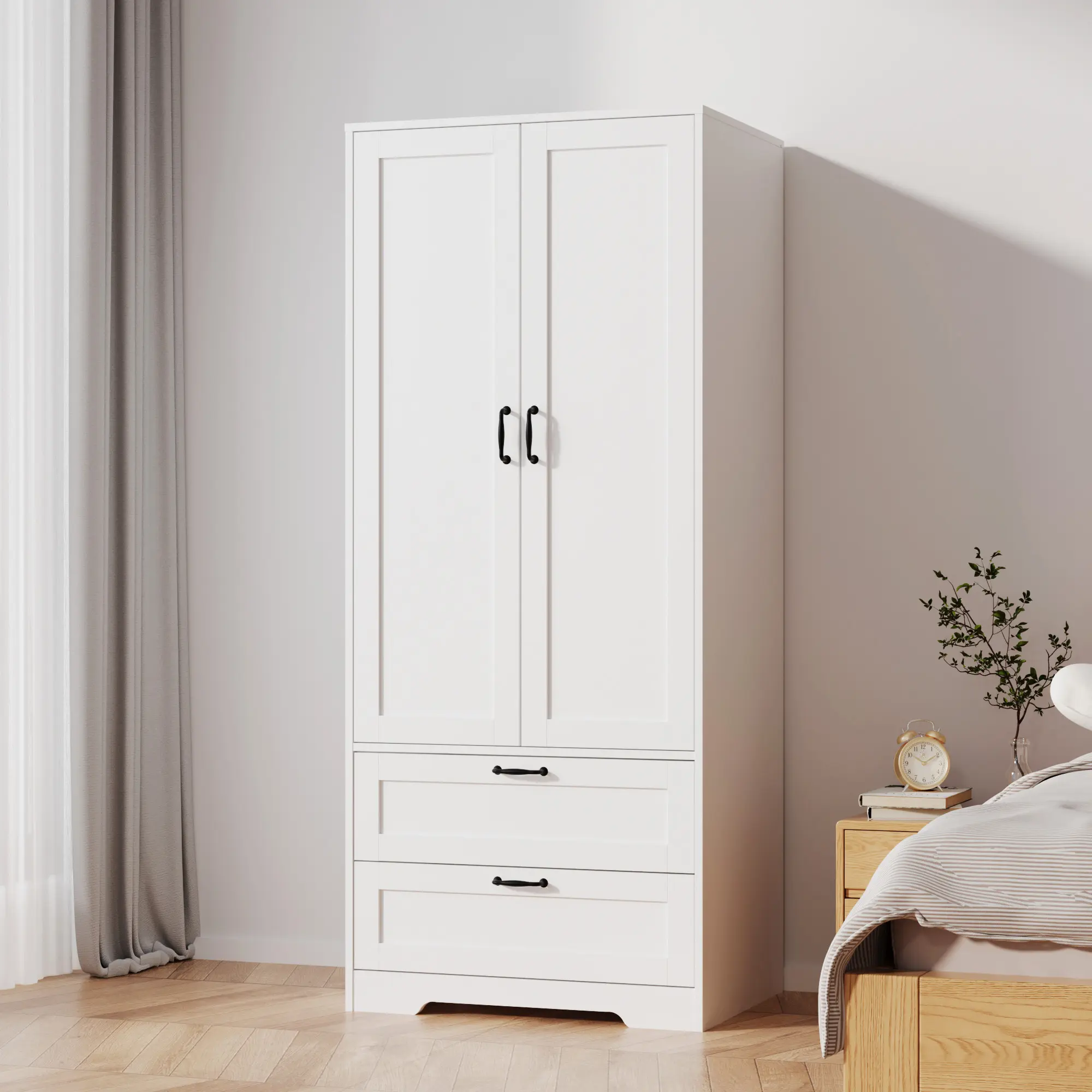 Modern Wooden Closet Organizer Wardrobe - 63.5" Tall Single Unit Clothing Storage Cabinet with 2 Built-in Drawers, Doors, Hanging Rod, Large Space for Bedroom, Built-In Drawers Wardrobes