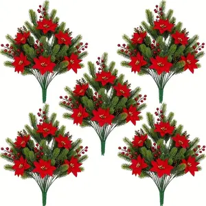 5-Pack Christmas Artificial Decorative Bouquet with Vibrant Faux Flowers, Realistic Red Berry Stems, Pine Cones, and Pine Needles, Suitable for Christmas Vases, Christmas Trees, Table Centerpieces, Great Choice