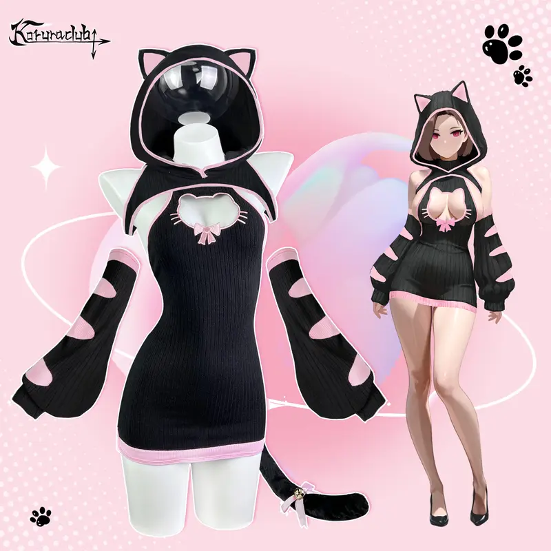 KORURACLUB Women's Slim 3-Piece Tabby Cartoon Cosplay Set - Round Neck Heart Cutout Hoodie, Matching Gloves, Tail, Bow, Pink Accents - Halloween Costumes,sohochic