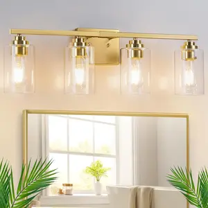 4-Light Bathroom Light Fixtures, 27" Modern Vanity Lights Over Mirror with Clear Glass Shades, Gold Wall Sconce, Classic Wall Light Fixture for Mirror Living Room Cabinet Bedroom Porch Kitchen