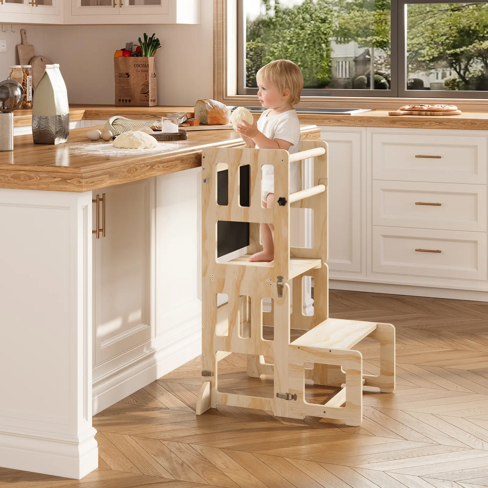 4-in-1 Convertible Montessori Toddler Tower - Anti-Tip Safety Wooden Multifunctional Stool, Multipurpose Furniture for Kitchen Helper, Storage Bench Desk, Art Easel